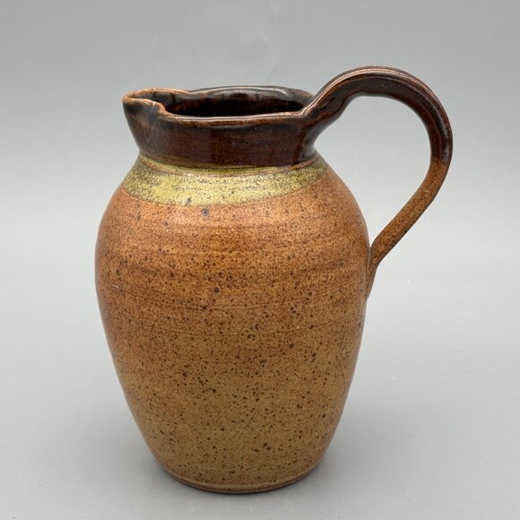 Vintage Studio Pottery Pitcher with Brown Speckled Glaze Botanical Design - Picture 3 of 8
